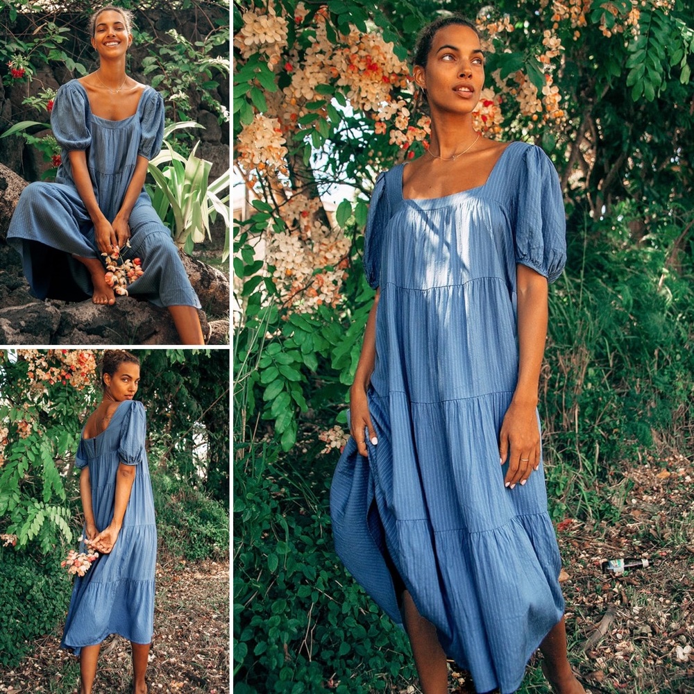 Lulus Happy Tiers Denim Blue Stripped Midi
